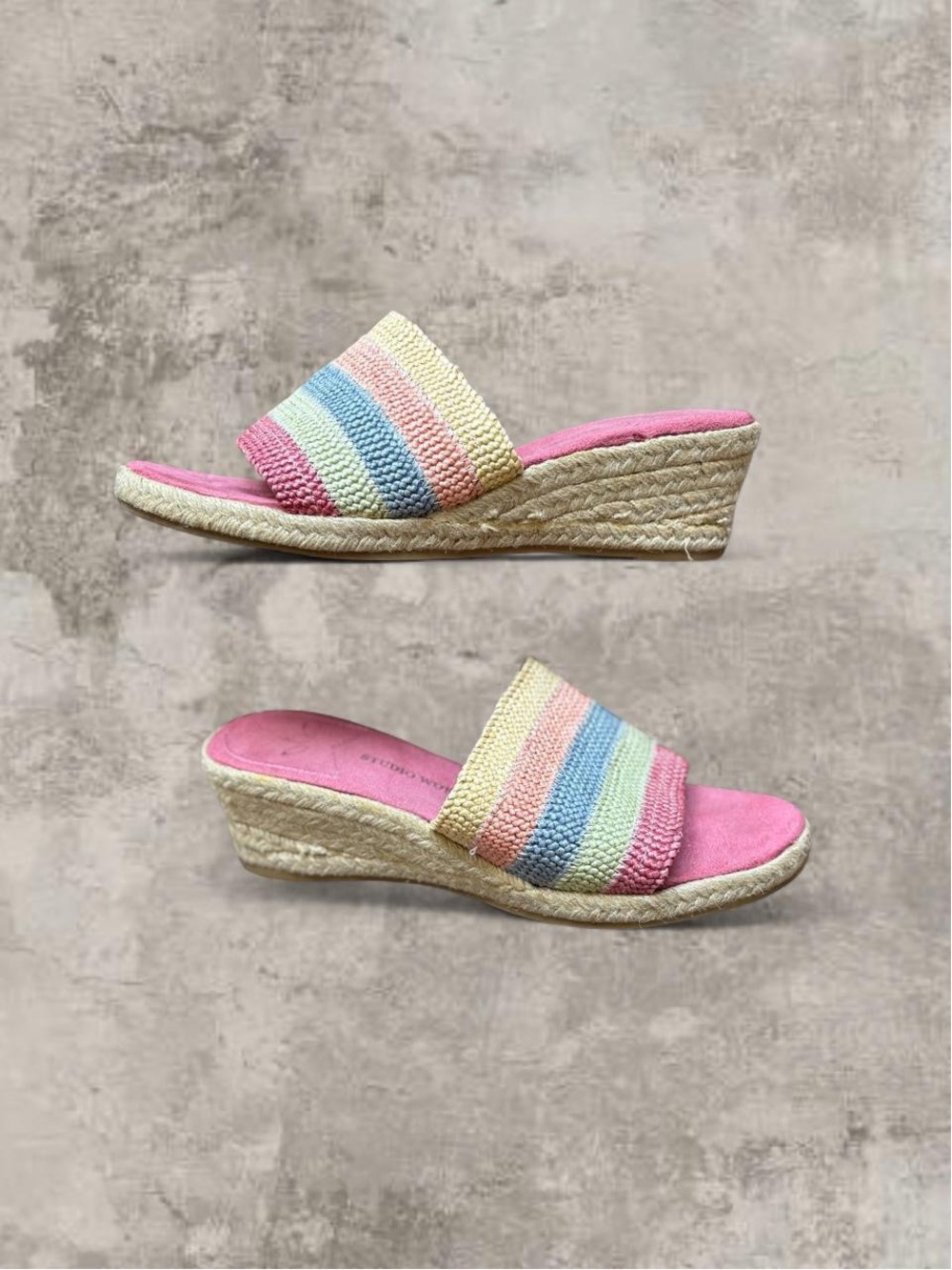 Y2K Wedge Slide Sandals in Pastel Pink with Rainbow Stripes